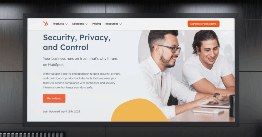HubSpot security, privacy, and control page promoting its end-to-end data protection approach with a demo button