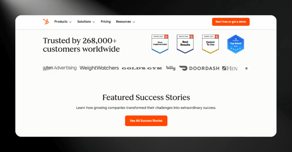 HubSpot customer page showing 268,000 plus customers worldwide with award badges and featured brand logos