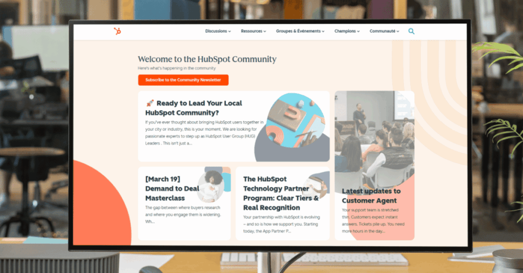  HubSpot Community welcome page featuring discussion categories, newsletter signup, and featured posts