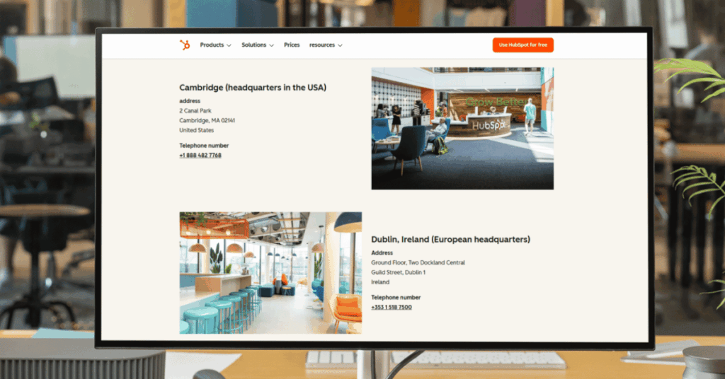 HubSpot office locations page displaying Cambridge USA headquarters and Dublin Ireland European headquarters