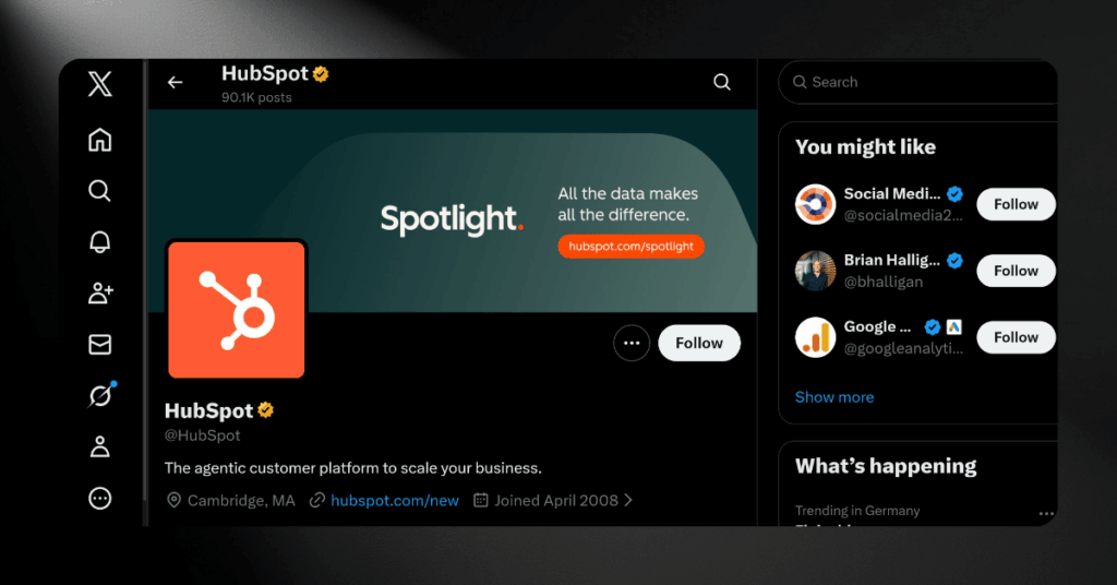 HubSpot verified X profile showing the company bio, location in Cambridge MA, and follower count