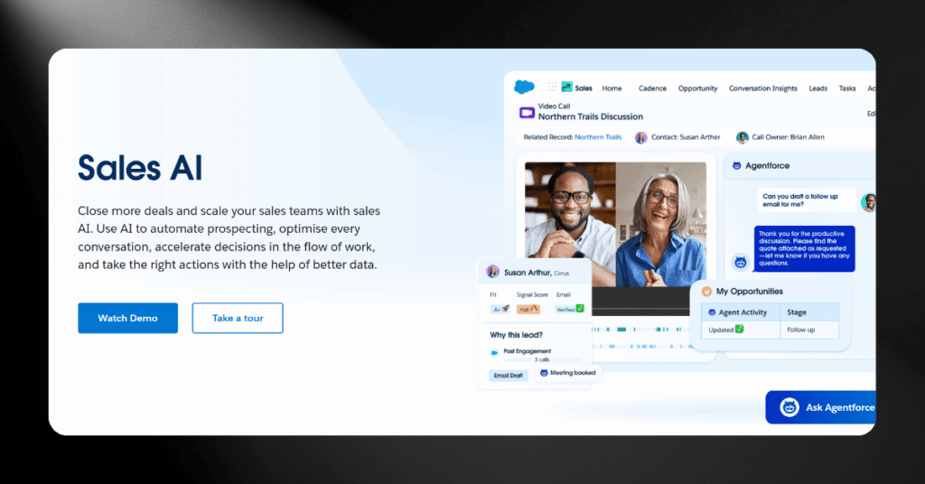 Salesforce Sales AI product page with lead scoring, signal scores, conversation insights, and Agentforce assistant