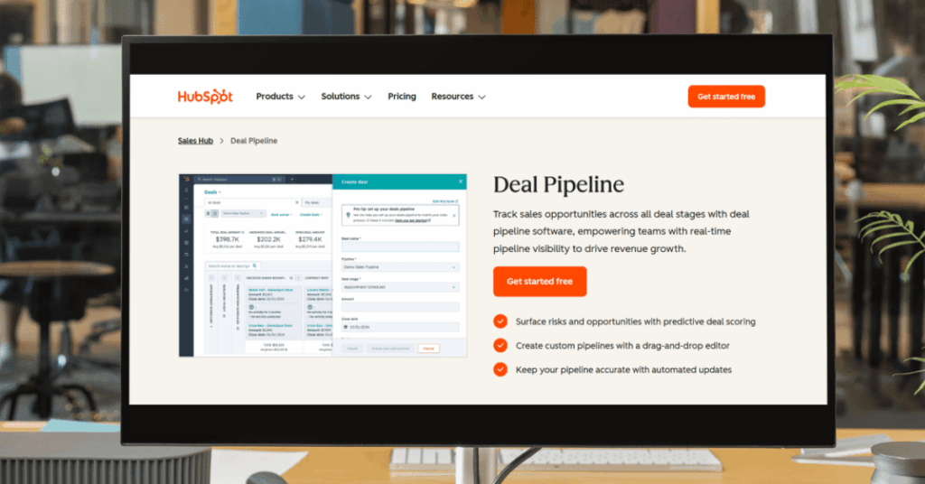 HubSpot Deal Pipeline feature page with drag-and-drop deal stages, predictive scoring, and automated updates