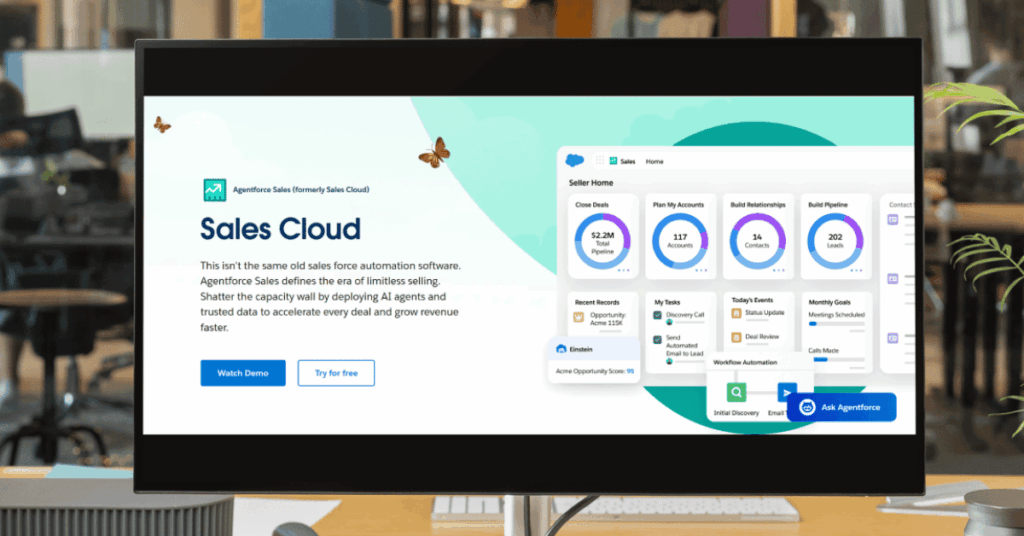 Salesforce Sales Cloud Seller Home dashboard showing pipeline totals, accounts, contacts, leads, and Einstein AI scores