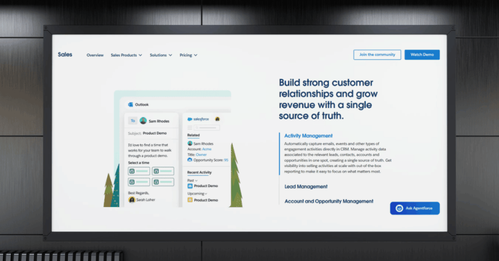Salesforce Sales Cloud product page featuring activity management, lead tracking, and Outlook email integration
