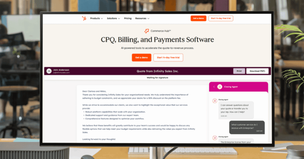 HubSpot Commerce Hub showing a customer quote with e-signature, payment options, and closing agent chat widget