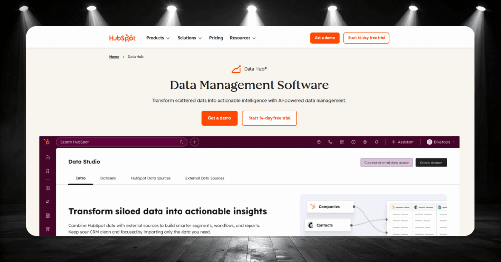 HubSpot Data Hub with Data Studio interface for syncing external sources, deduplicating contacts, and building datasets