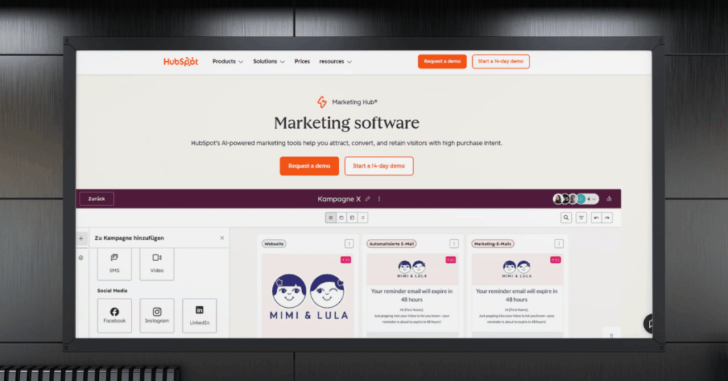  HubSpot Marketing Hub campaign editor with email automation, social media channels, and multi-touch campaign setup