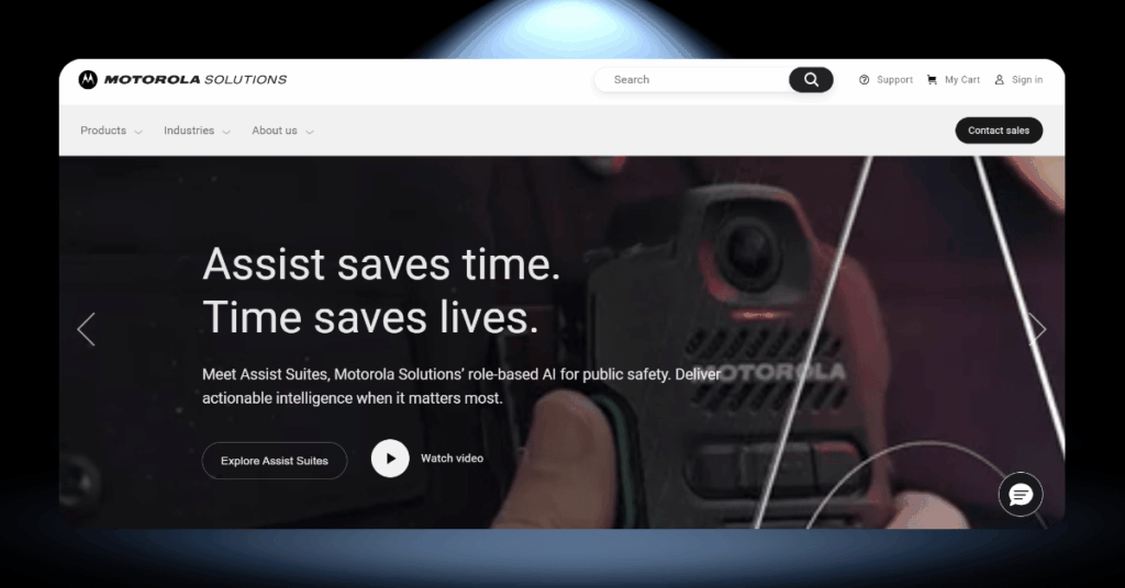 Motorola Solutions website highlighting Assist Suites public safety AI platform with body camera imagery