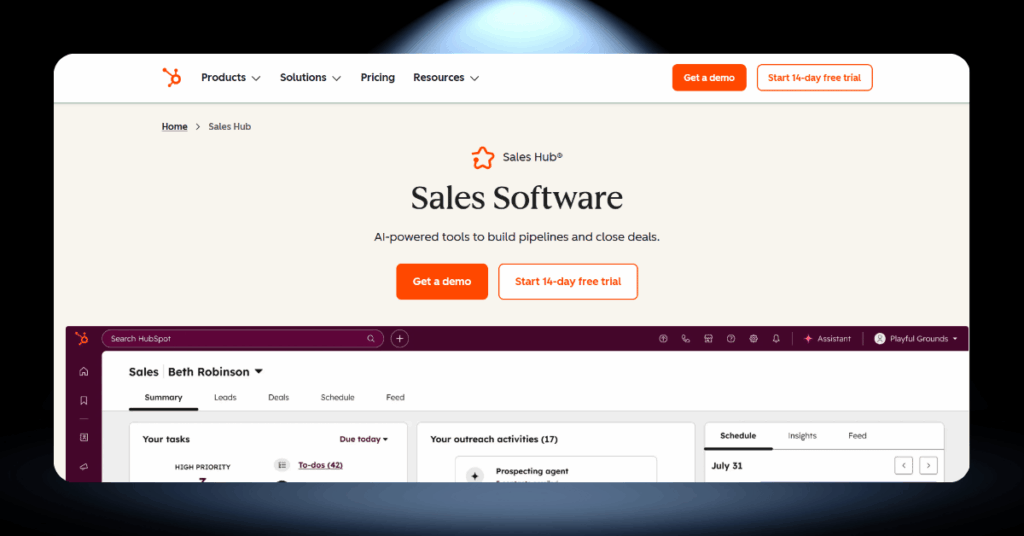 HubSpot Sales Hub dashboard showing deal pipeline, tasks, outreach activities, and rep scheduling tools