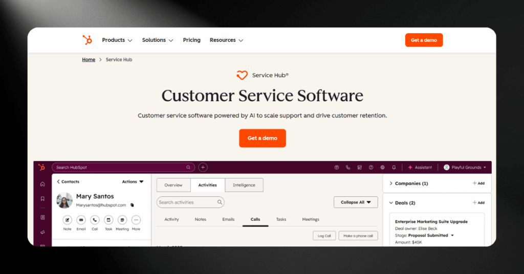 HubSpot Service Hub contact record with customer activity timeline, call logging, and open deal details