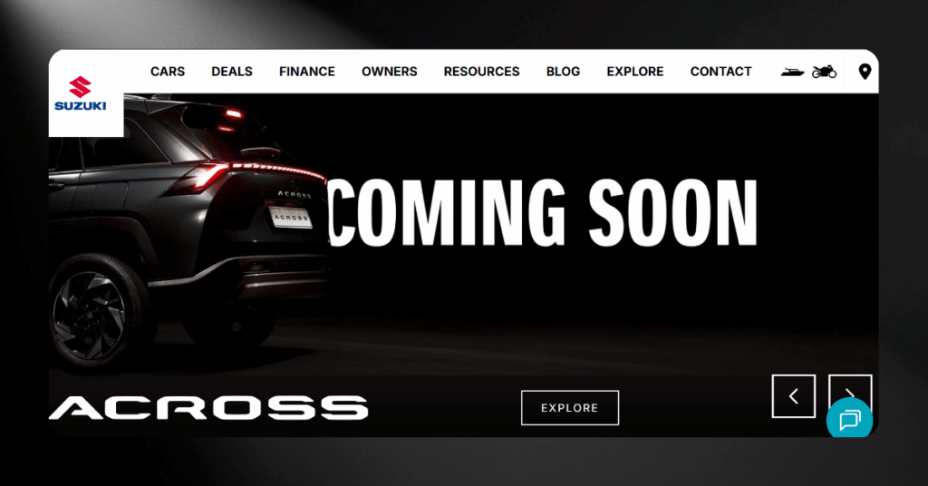 Suzuki South Africa website promoting the Across SUV model with a dark coming soon banner and explore button